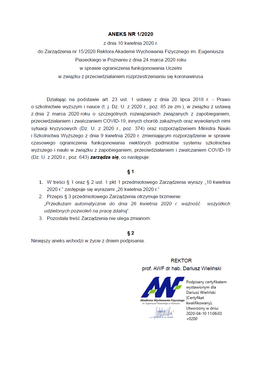 Aneks nr 1 2020 do zarzdzenia Nr 15 2020 Rektora w spr. ograniczenia funkcjonowania Uczelni