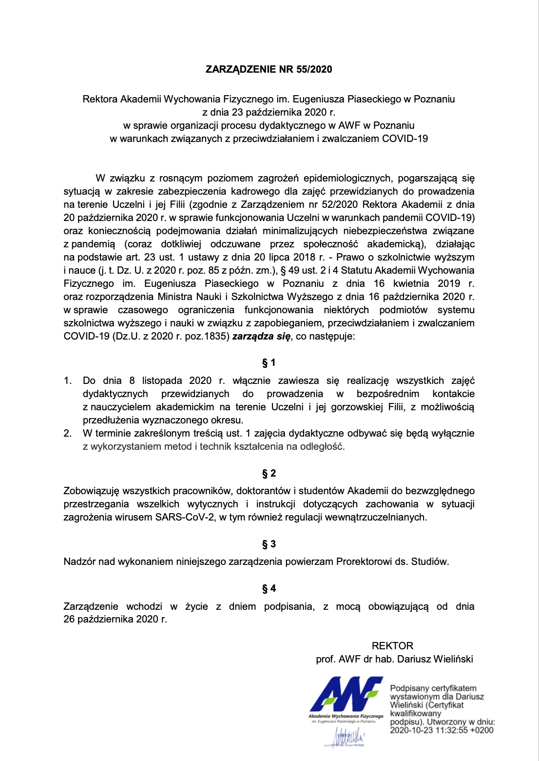 zarz. nr 55 2020 Rektora w sprawie realizacji procesu dydaktycznego w warunkach Covid 19.BES